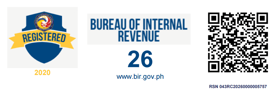 BIR Registration Seal Badge: registered with the Bureau of Internal Revenue, RSN 043RC20260000005757